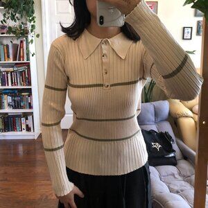 Premium Slim Fit Ribbed Knit Collared Sweater Cream with Olive Stripes Size S/M